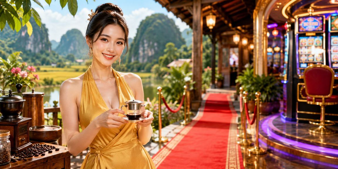 Người dùng tại Ninh Bình chơi slot game trên điện thoại tại quán cà phê buổi tối